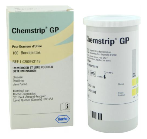 Bandelettes de test urinaire Chemstrip GP 100/bte