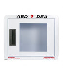 Wall cabinet for defibrillator with alarm