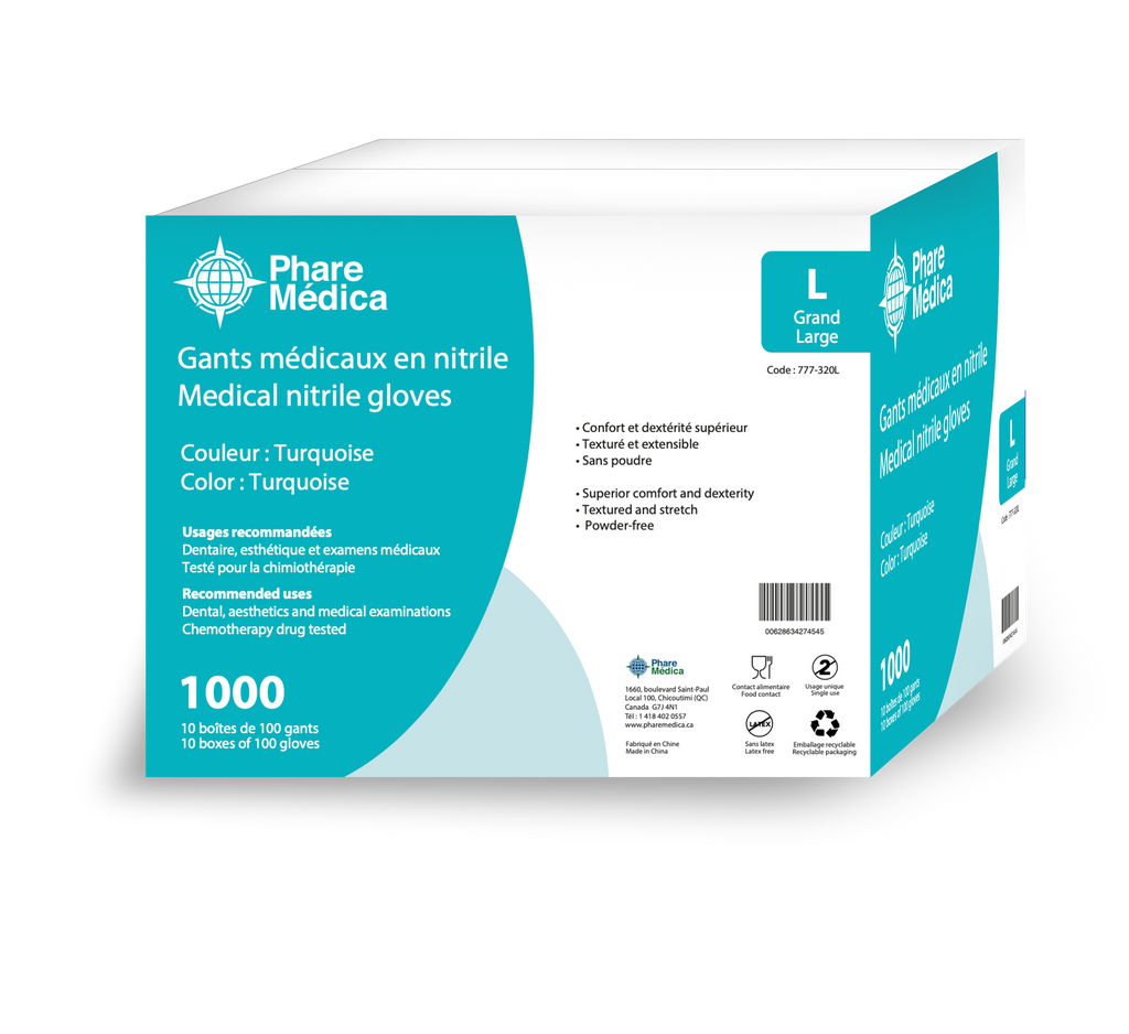 Gants médicaux en nitrile Turquoise 3.35 mils - Boite de 100