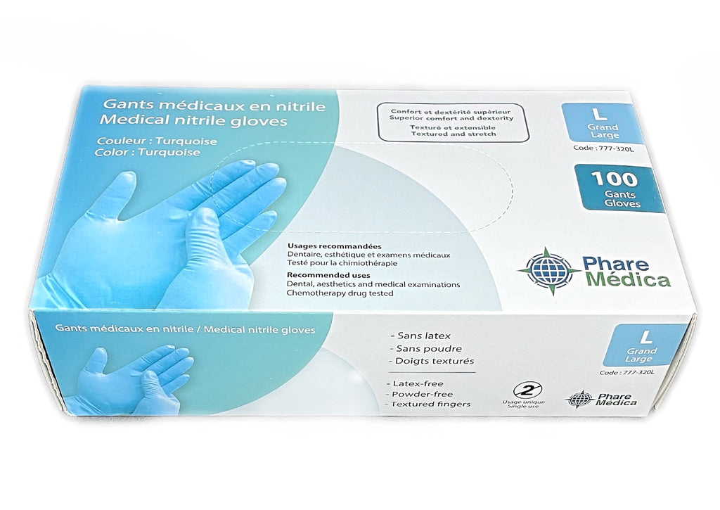Gants médicaux en nitrile Turquoise 3.35 mils - Boite de 100