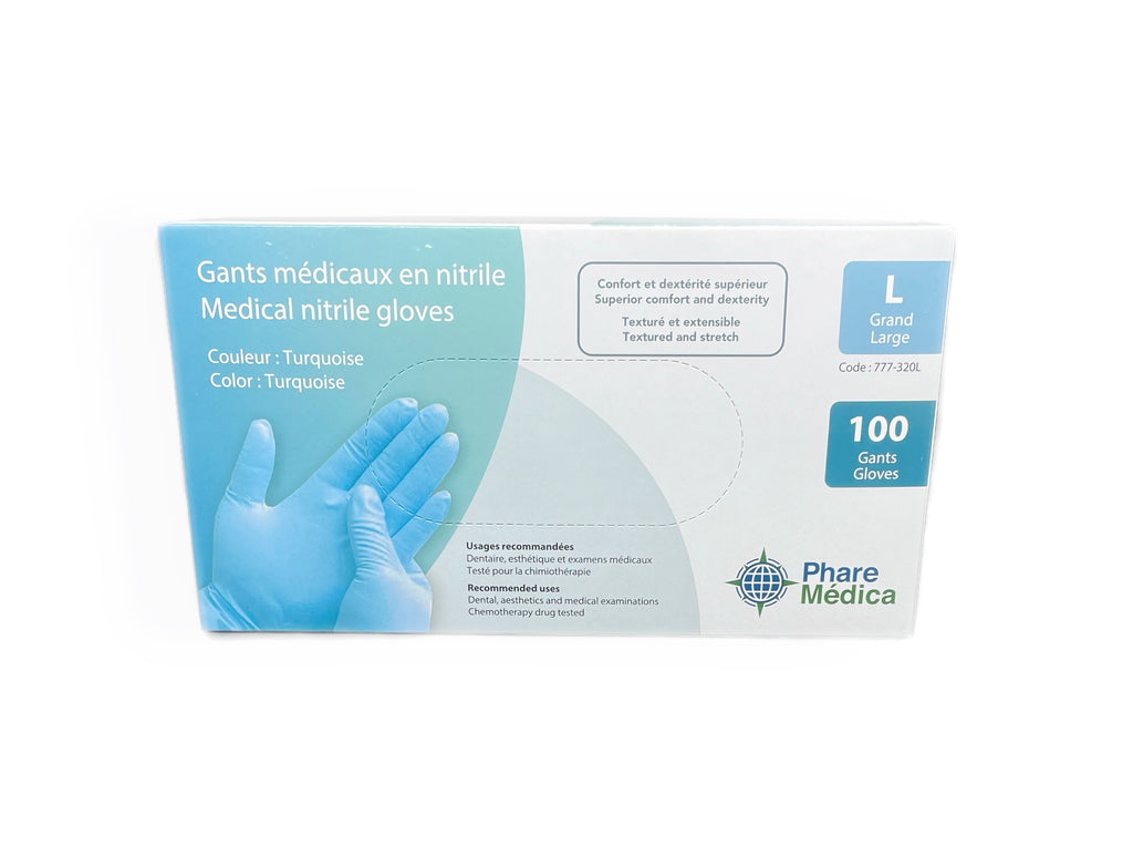 Gants médicaux en nitrile Turquoise 3.35 mils - Boite de 100